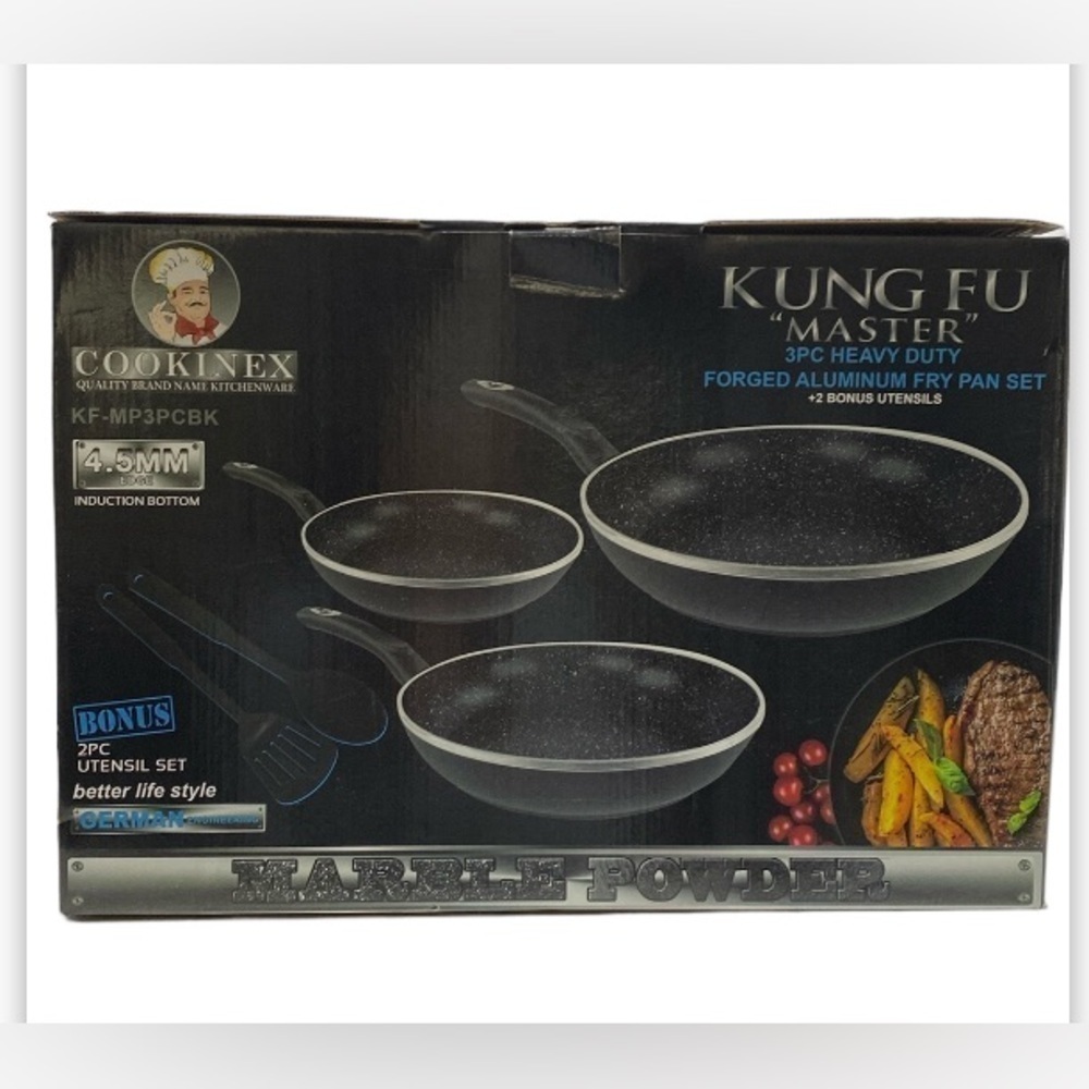 $99 NEW! Heavy Duty Forged Aluminum Fry Pan 3 Piece Set + 2 Bonus Utensils